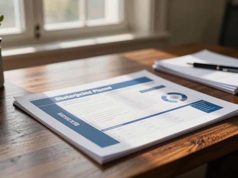 Close-up of high-end strategic planning tools and editorial layout documents on a dark oak desk, warm morning window light, shallow depth of field