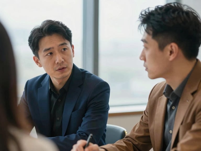 Editorial medium-close up of two focused professionals in a collaborative strategy session, soft natural window light, deep blue tones, shallow depth of field, 35mm