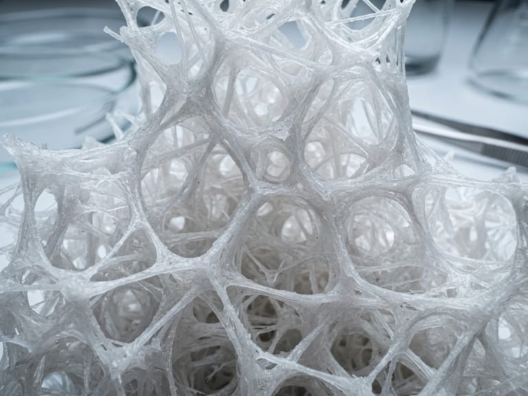 Extreme close-up of a synthetic polymer biomaterial structure under cool clinical white light, sterile laboratory environment, macro lens, 35mm