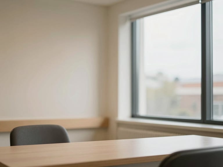 A quiet, warm-toned administrative office in a modern hospice facility, soft overcast light through a window, shallow depth of field