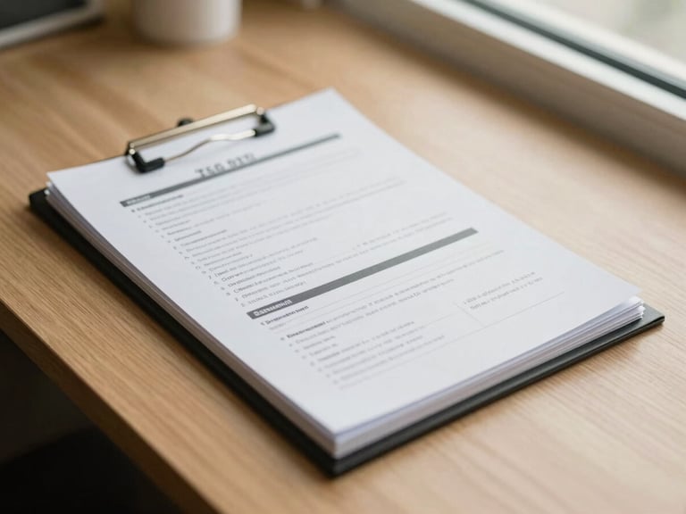 An overhead flat-lay of structured healthcare personnel files on a warm oak desk, soft window light, 35mm