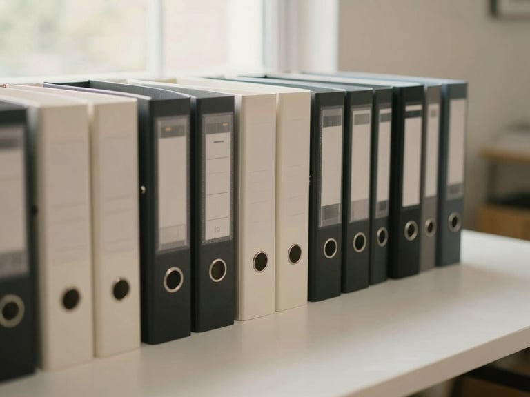An organized modern workspace with neatly arranged binders and a clean desk, soft natural light, minimalist editorial feel