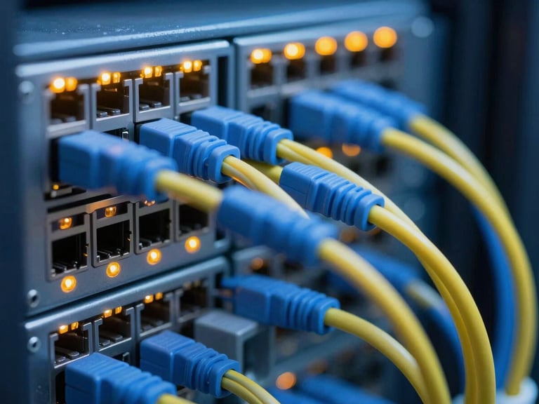 Macro close-up of organized blue and yellow fiber-optic cabling bundles plugged into a high-density server switch, amber indicator lights blinking, shallow depth of field