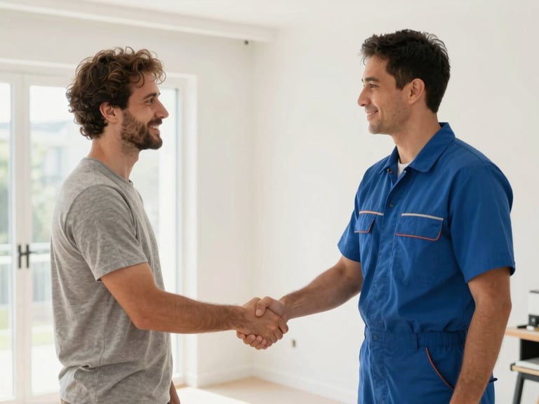 Technician shaking hands with a satisfied homeowner after a completed repair, bright natural daylight, clean modern home interior.