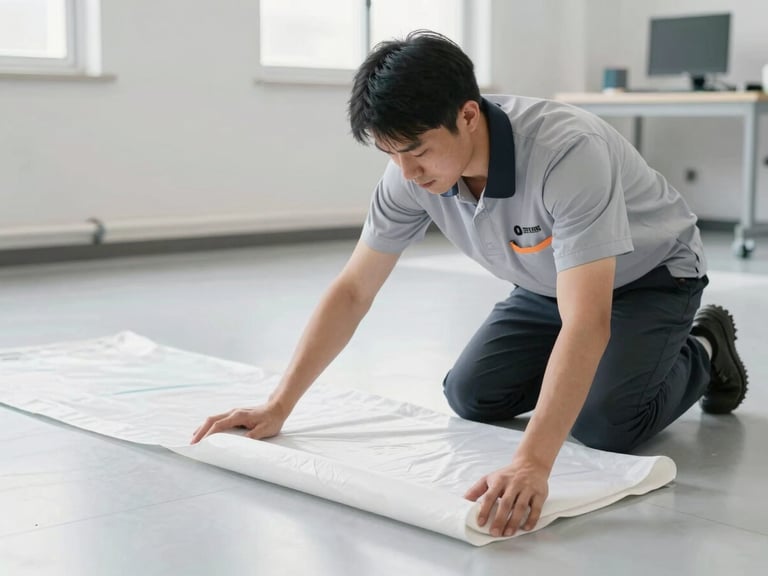 Technician in branded uniform carefully laying down a protective mat on a clean floor before starting work, bright indoor lighting, medium shot.