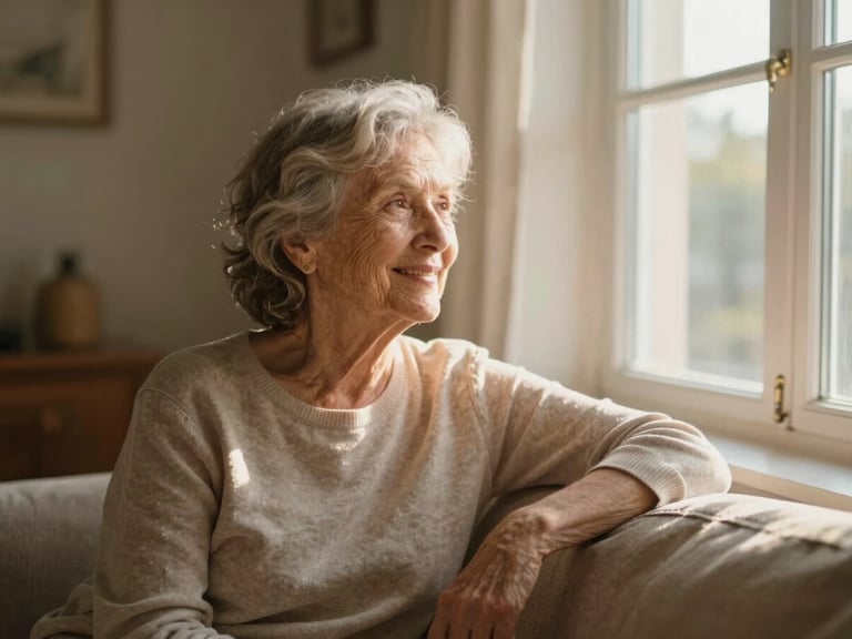 Warm daylight-filled living room, elderly woman smiling gently while looking out of a window, soft golden hour sunbeams, shallow depth of field, 35mm photography