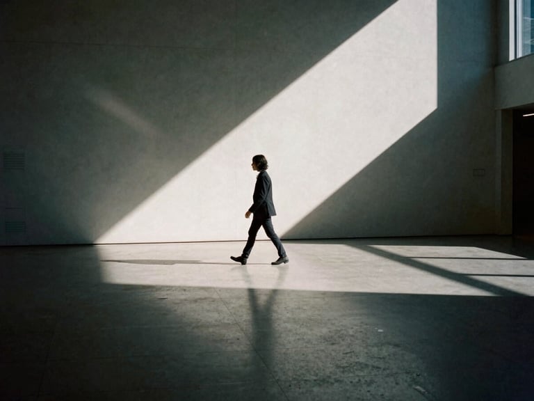 Cinematic high-contrast editorial photography, a solitary figure walking through a grand architectural gallery with dramatic shadows and sharp light beams, 35mm film format