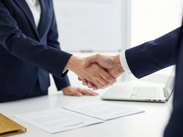 Professional handshake across a formal office desk, loan agreement papers spread open, bright indoor lighting, deep navy and gold stationery, sharp 50mm corporate photography