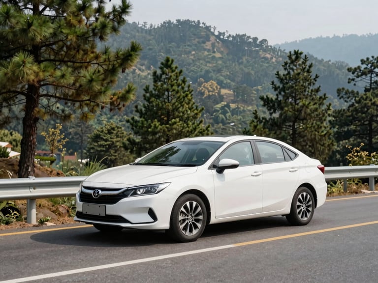 A clean white sedan driving along a winding mountain highway surrounded by lush pine trees, Mussoorie hills in the background.