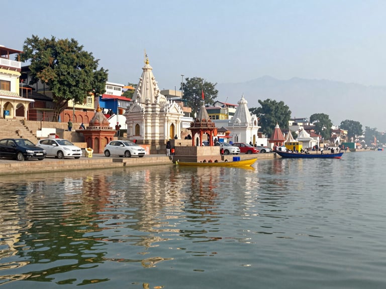 Bright daylight photo of the Ganga Aarti ghats in Haridwar, clean water reflecting temple lights, serene atmosphere.
