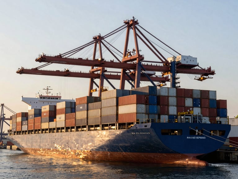 A massive container ship docked at a port terminal during golden hour, towering gantry cranes loading steel cargo containers, sharp industrial lighting, high contrast.