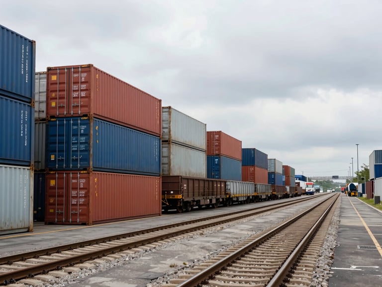 A clean, organized intermodal rail yard with stacked shipping containers under an overcast sky, a freight train loaded with containers stretching into the distance.