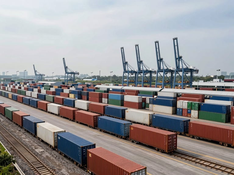 Wide panoramic shot of an organized intermodal rail yard under overcast daylight, neat stacks of shipping containers loaded onto flatcars, industrial cranes in the background.