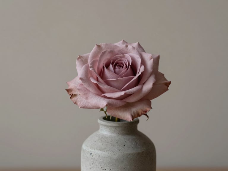Elegant editorial photography of a single, massive open dusty rose in a minimalist concrete vase, soft side-daylight, muted neutral background, 35mm