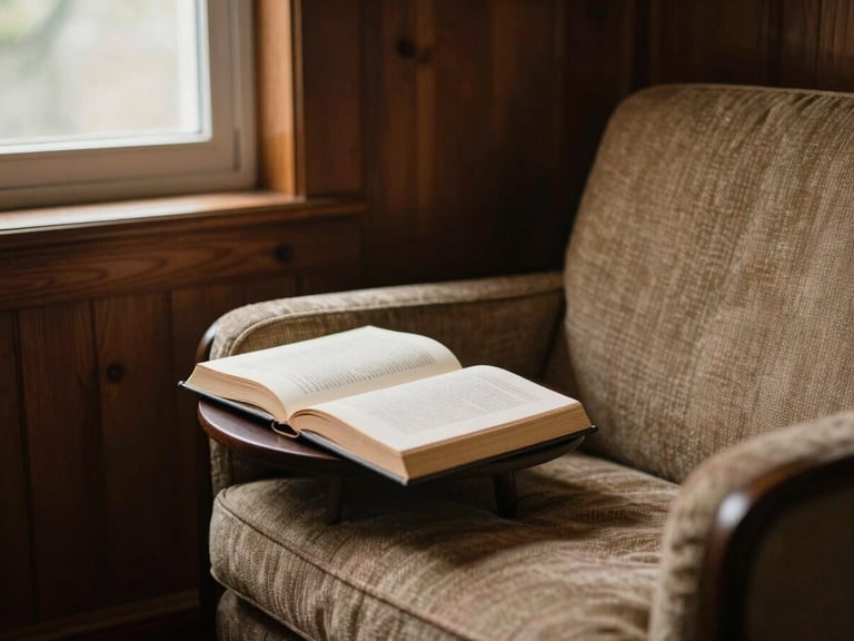 Quiet reading nook with a comfortable armchair, soft natural light from a window, a real book open on a small side table, warm textures, rich wood paneling, warm editorial photography, shallow depth of field, 35mm.