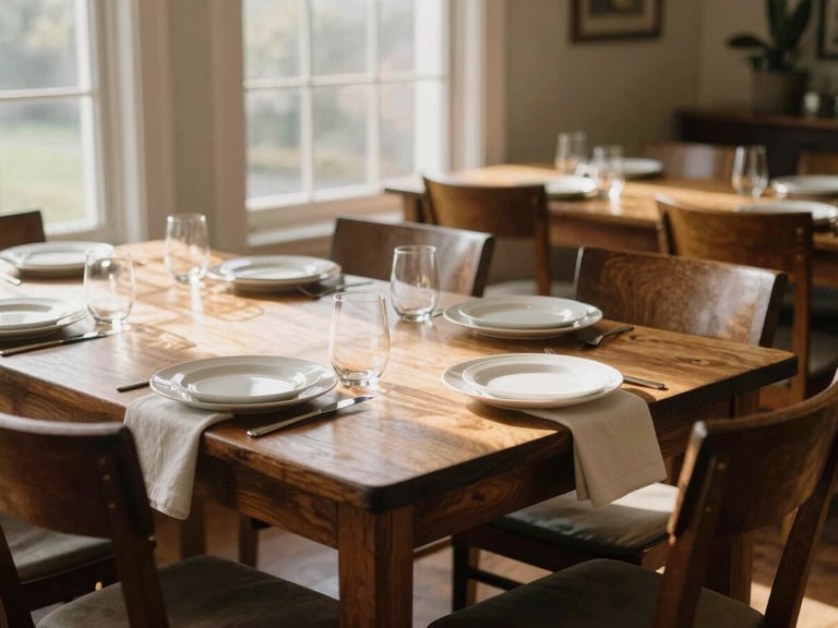 Sunlit communal dining table set with real china, warm natural light streaming through large windows, rich wood table, soft textile napkins, empty chairs awaiting residents, warm editorial photography, soft focus, 35mm.