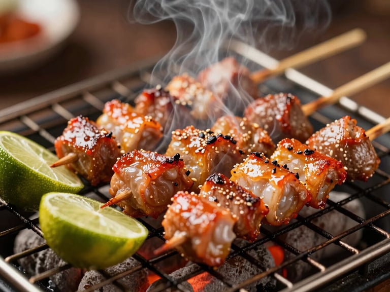 Macro close-up of sizzling Sate Taichan skewers on a charcoal grill, smoke rising, fresh lime wedges beside it, warm dramatic lighting, shallow depth of field.