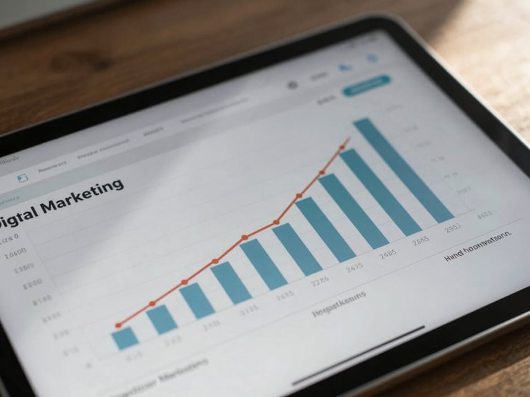 Crisp close-up of a digital marketing dashboard on a tablet showing positive growth metrics, natural daylight, high contrast shadows.