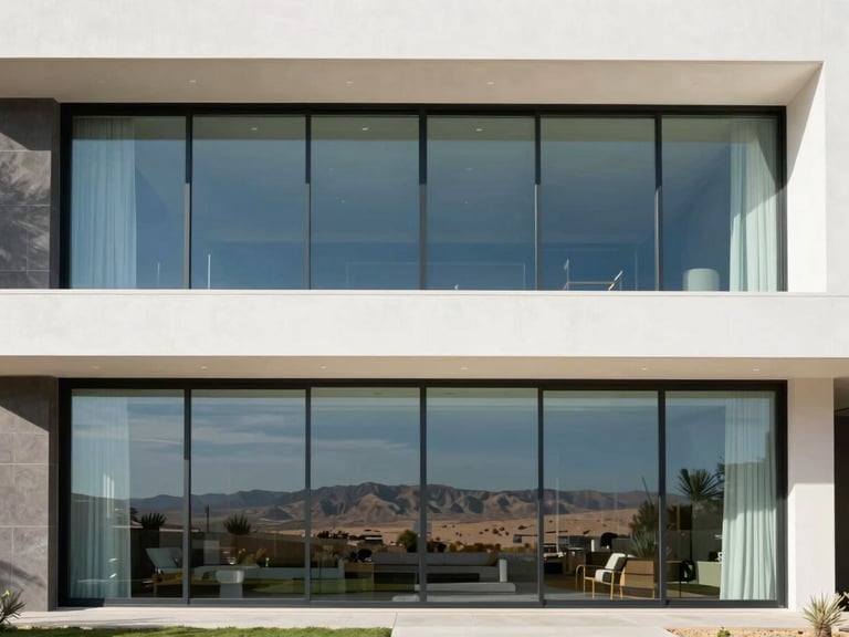 Crisp architectural photography of a modern luxury home facade with expansive floor-to-ceiling glass windows, bright natural daylight, sharp reflections of the desert sky, 35mm