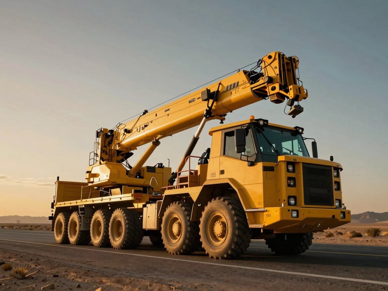 Low-angle heroic shot of a heavy-duty yellow tractor unit pulling a multi-axle low-bed trailer loaded with a large crane, desert highway, golden hour light.