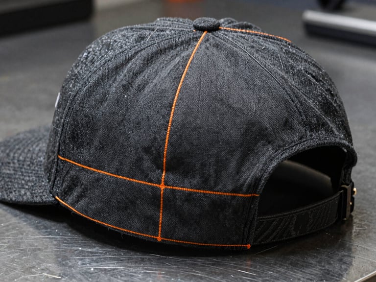 Macro close-up of a structured charcoal gray cap crown resting on a dark steel workbench, with a sharp digital orange grid highlighting the embroidery placement boundaries.