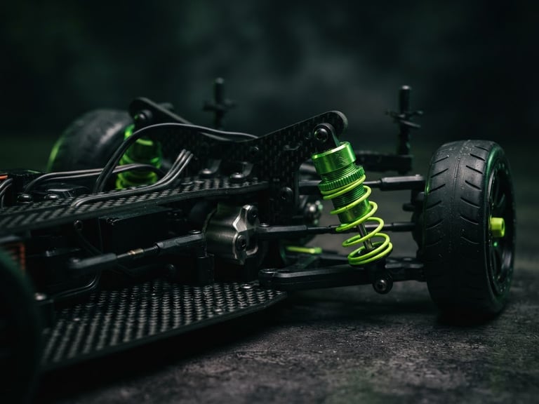 Low-angle close-up of a carbon-fiber RC car chassis with neon green aluminum shocks, dramatic dark studio lighting, high-contrast shadows, 35mm lens