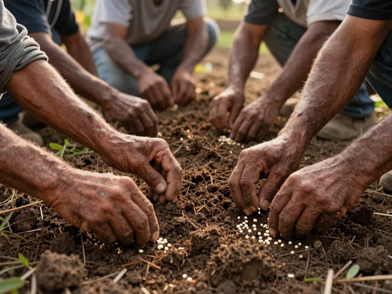 Manos de agricultores hondureños trabajando la tierra fértil, sembrando semillas. Luz natural cálida, enfoque en el detalle y el esfuerzo colaborativo.