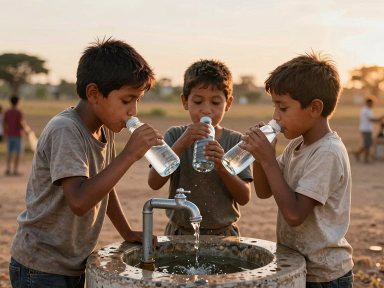 Niños hondureños sonrientes bebiendo agua limpia de un grifo comunitario recién instalado. Sol de atardecer, ambiente de esperanza y bienestar.