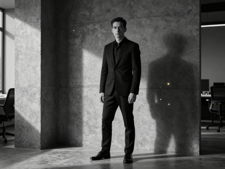 Sleek, high-contrast black and white portrait of a corporate technical architect in a minimalist concrete office, dramatic low-key studio lighting, sharp shadows, 35mm