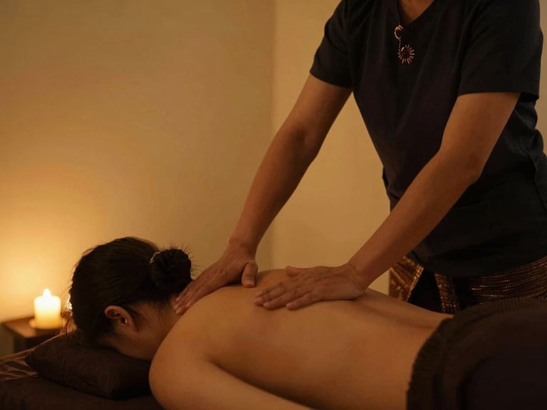 Therapist performing gentle Thai stretching on a guest in a warm gold-lit serene room, 35mm