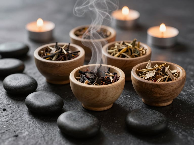 Steam rising from aromatic herbal bowls and hot stones on a dark textured surface, 35mm