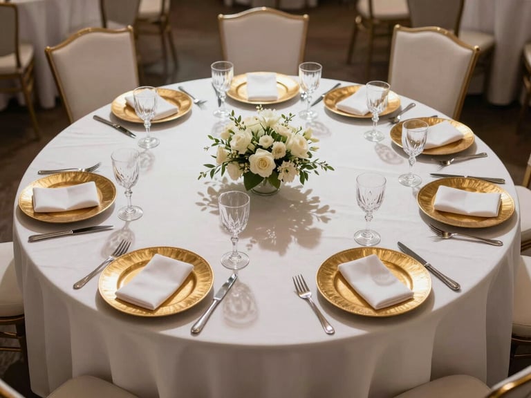 Overhead wide shot of a wedding reception banquet table — white and ivory linens, multiple place settings in sharp focus, crystal stemware, gold chargers aligned with surgical precision, no guests, no florals as hero, bright studio-quality directional light from above