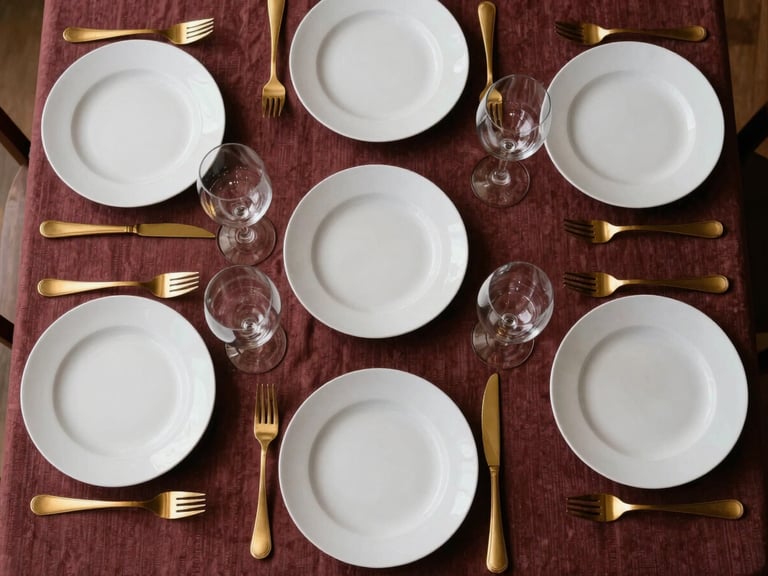 Wide overhead flat-lay of a holiday table setup — richly set with deep-toned linens, multiple white porcelain courses staged across the table, gold flatware, no guests, bright directional studio light revealing texture of every element, high contrast, editorial composition