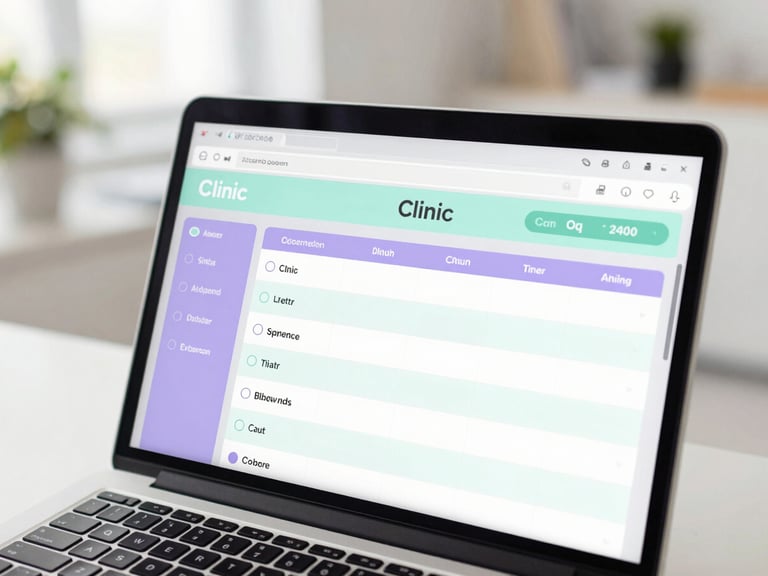Close-up of a modern clean dashboard on a laptop screen, showing aesthetic clinic scheduling metrics, soft mint and lavender accents, bright daylight, shallow depth of field