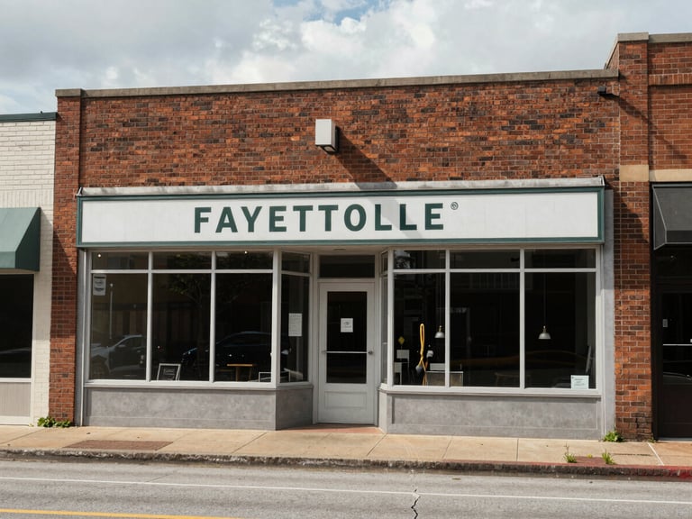 Wide environmental shot of a modest storefront on Hay Street in downtown Fayetteville NC, overcast daylight, brick facade and street-level signage visible, a quiet stretch of sidewalk in the foreground, honest and civic in character