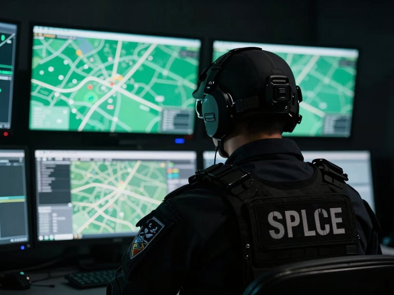 Close-up of a tactical security team member inside a dark monitoring room, screens glowing with green maps in the background, cinematic lighting