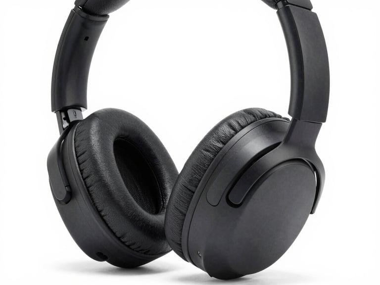 Close-up of premium noise-cancelling headphones on a white background, bright neutral studio lighting, sharp focus, realistic textures, 50mm lens