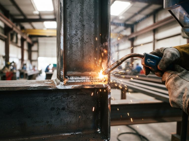 Close-up of clean weld joints on a steel beam, bright natural daylight, dramatic sparks from welding torches, high contrast metallic tones, sharp focus, 35mm lens