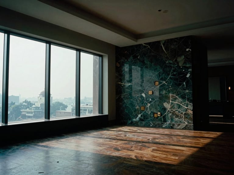 A cinematic wide-angle shot of a luxury penthouse interior in New Delhi, dramatic directional window light casting long shadows on premium marble and teak, medium format.