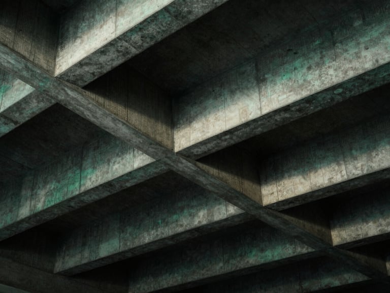 Abstract architectural detail of geometric concrete ceiling structures, high-contrast light and shadow, precise lines.