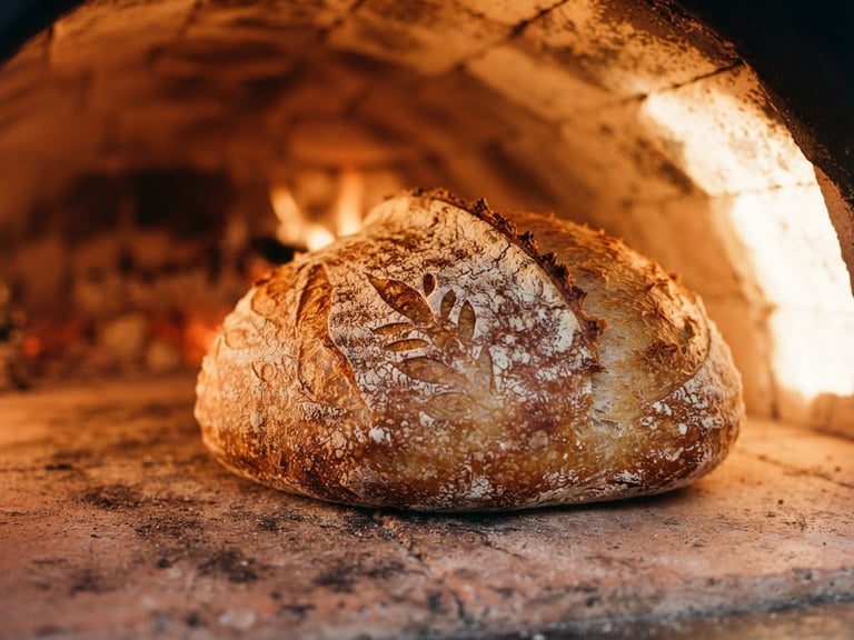 Tight macro architectural crop of a golden-brown sourdough loaf inside a glowing ceramic-interior oven, hard late-afternoon side-light, rich terracotta tones, 35mm