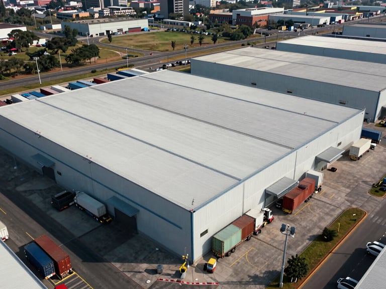 Vista panorámica aérea de un parque industrial moderno en México, naves industriales con techos estructurados, camiones de carga alineados en andenes, luz natural brillante.