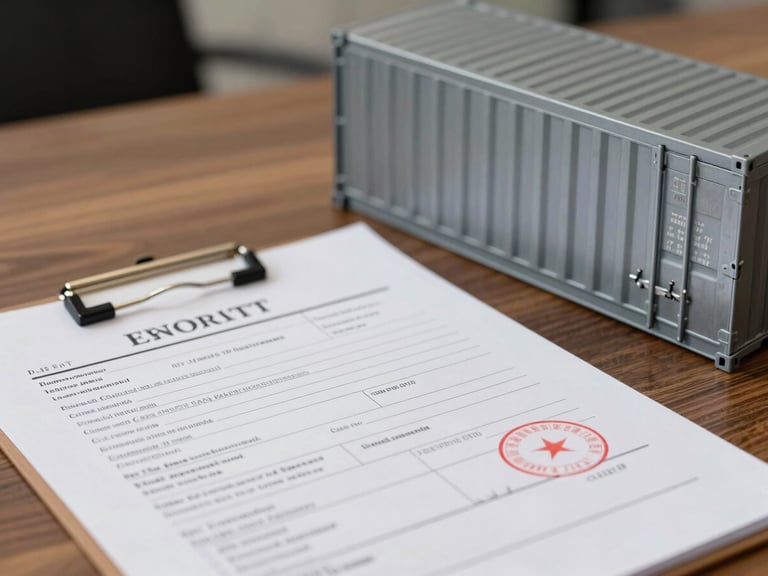 Close-up of export documents with official stamps on a wooden desk next to a steel shipping container model, sharp focus, professional setup.