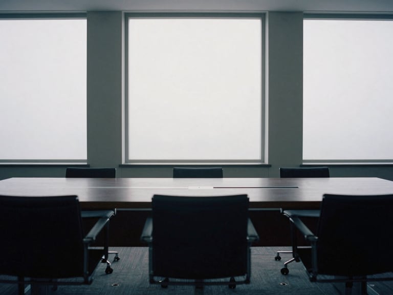 Minimalist wide environmental shot of an empty architectural conference room, soft natural overcast daylight filtering through large windows, muted slate tones, 35mm film.
