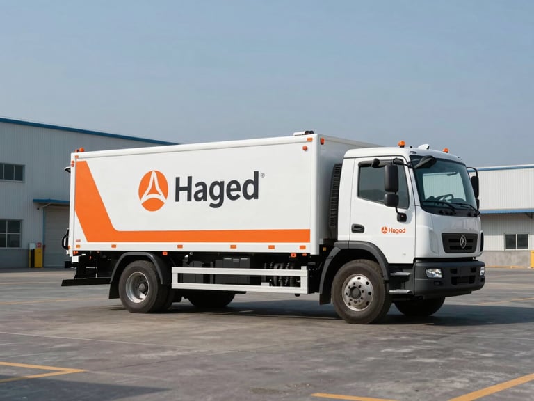 Wide shot of a branded remediation truck with hazard orange accents, parked on an industrial site, clear daylight, sharp focus, cool slate tones.