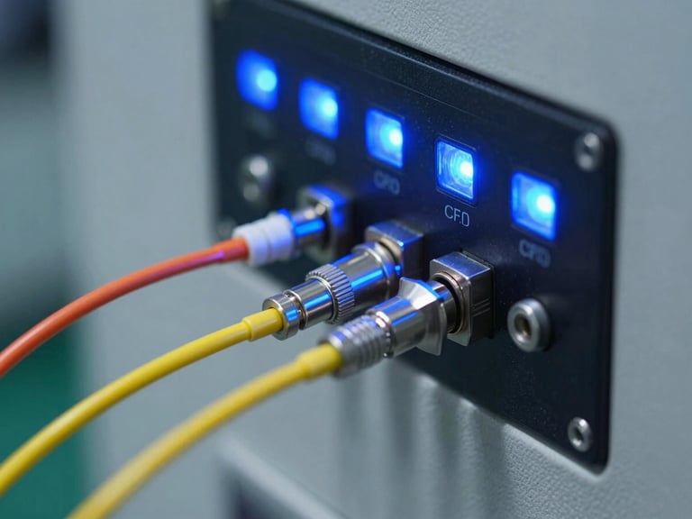Close-up macro of fiber optic splices inside a high-voltage substation control panel, cool blue led indicators, sharp focus, 35mm