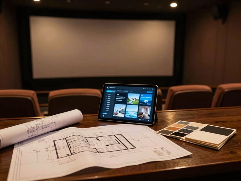 Architect's desk with blueprints, a tablet displaying smart home interface, and material samples, soft interior light, 35mm