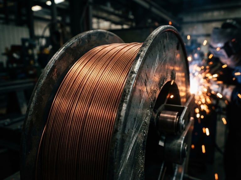 Macro shot of copper-coated MIG welding wire wound with absolute precision on a steel spool, high-contrast industrial lighting, cool steel tones with warm orange sparks, 35mm