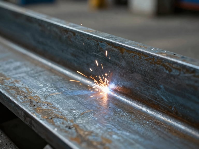 Macro shot of a flawless multi-pass weld on heavy structural steel plate, cool-toned ambient factory light, industrial documentary photography, 35mm