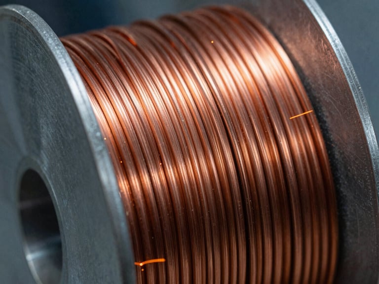 Macro close-up of a copper-coated MIG wire spool, showing the perfect layer-by-layer winding and metallic sheen under sharp industrial lighting.
